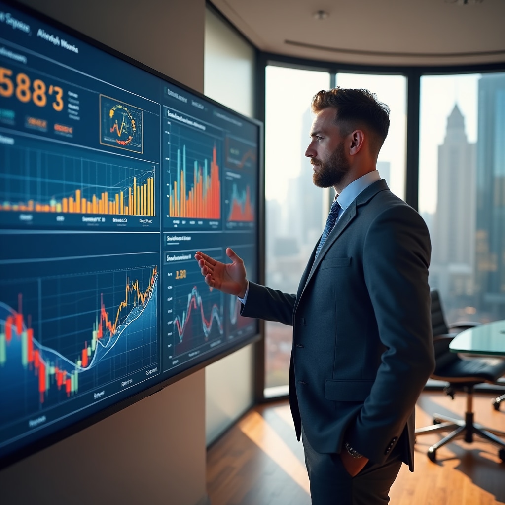 Teamleiter analysiert Finanzkennzahlen auf modernem Dashboard